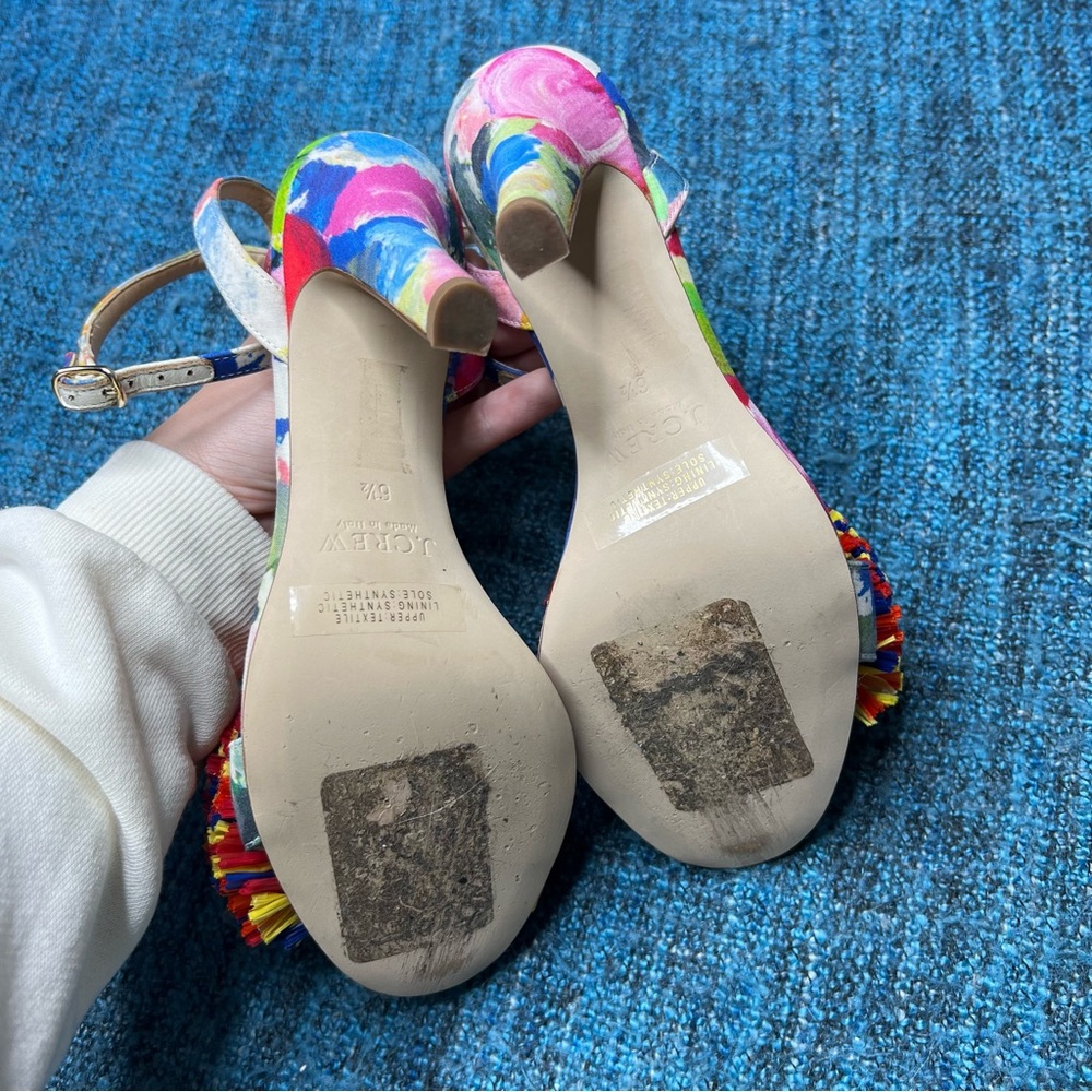 J.Crew Collection Raffia Bow Strappy Coloful Heels Made in Italy Women's 6.5 Pom - Picture 8 of 11